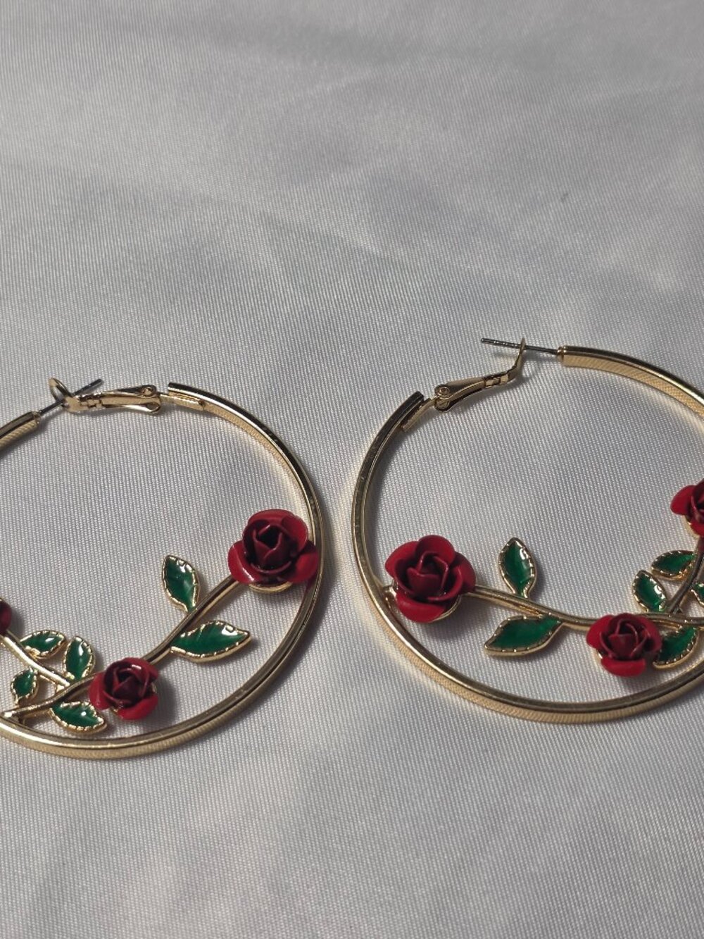Gold Hoop Earrings Red Rose & Green Vine Enamel Design Snap Post